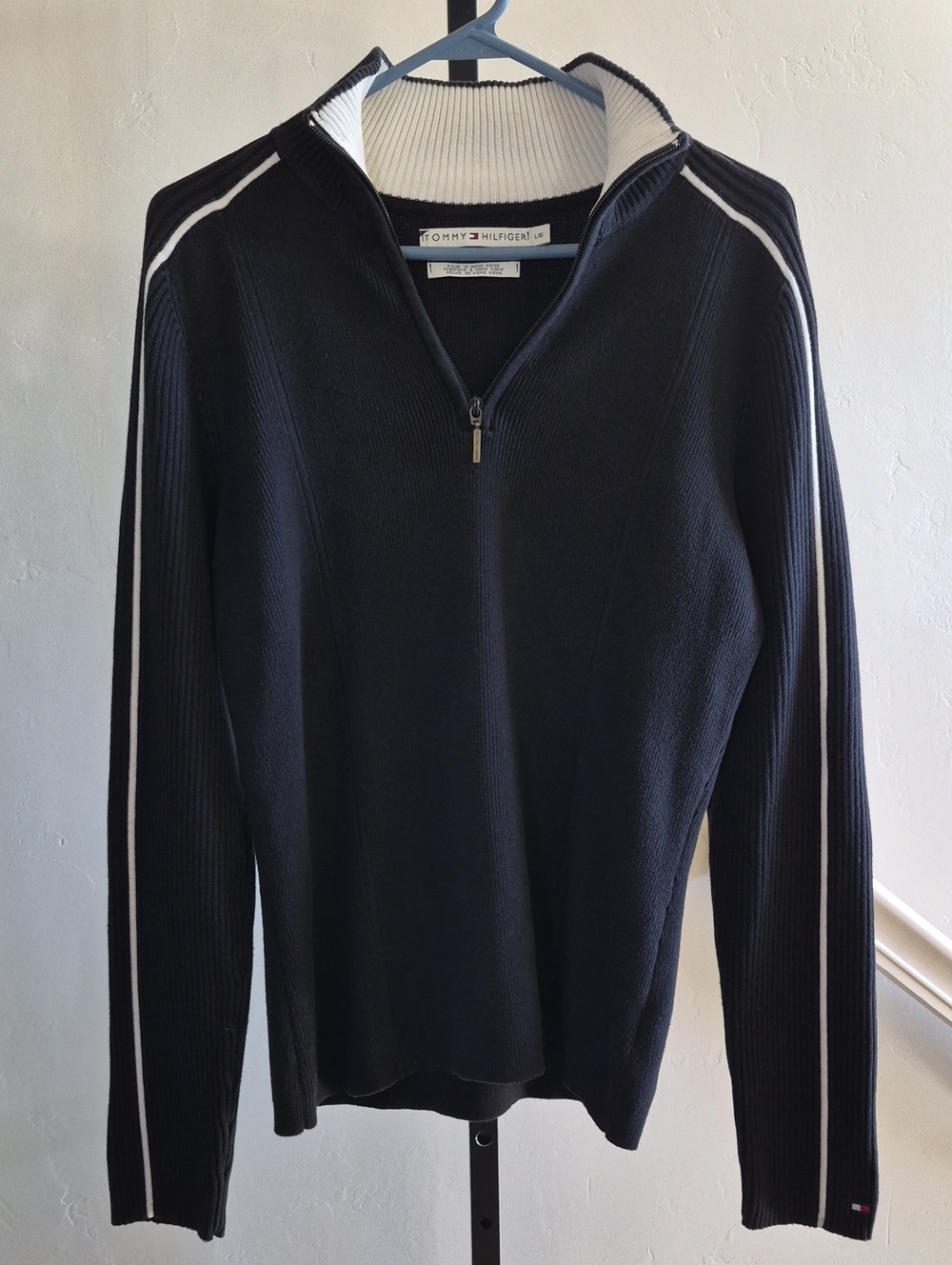 VTG Y2K Tommy Hilfiger Women's L Black 1/4-Zip Ribbed Knit Pullover (2005)